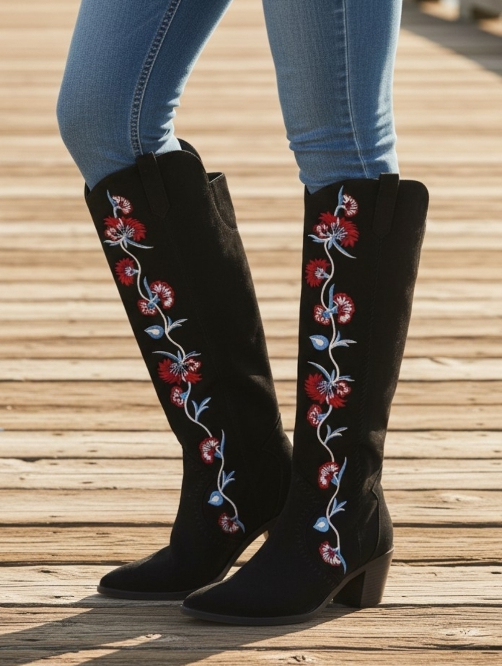 Carlos Santana Black Over-the-Knee Boots with Red and Blue Floral Embroidery
